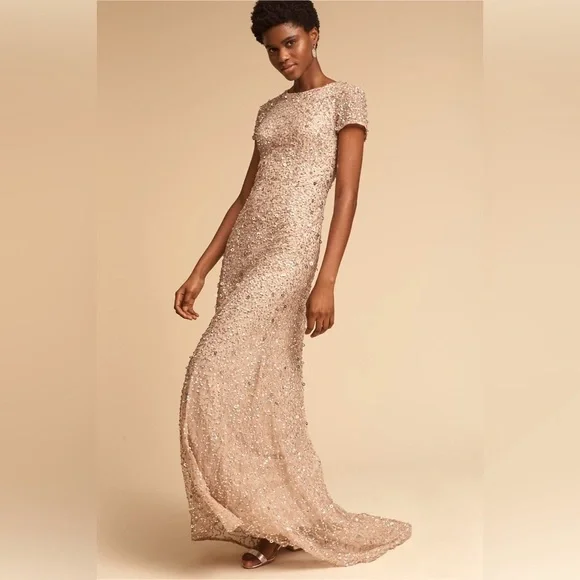Anthropologie BHLDN Adrianna Papell Lucent Elegant Gold Sequin Evening G… - Picture 3 of 10